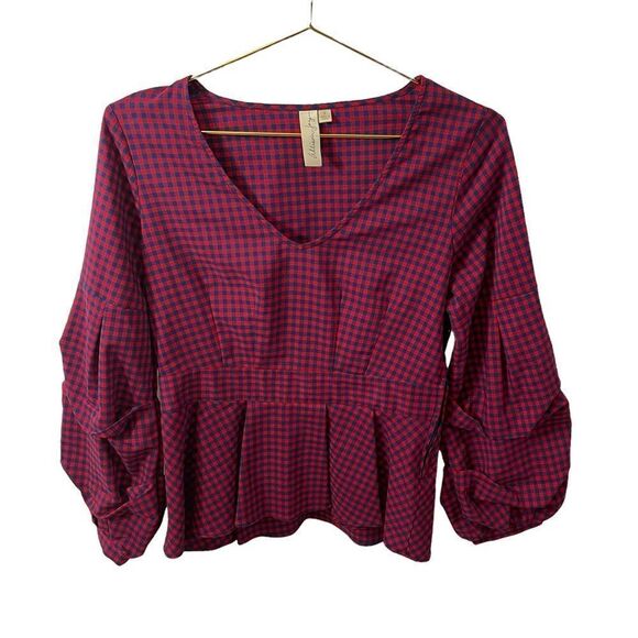 Allison Joy Blue / Red Checked Puff Sleeve Blouse Size Small - Picture 1 of 6